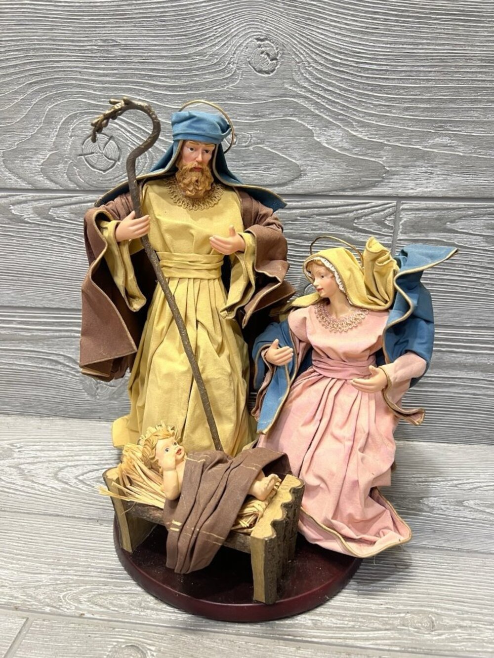 Nativity Set Paper Mache Jesus Mary Joseph 13” Wooden Base Vintage Christmas